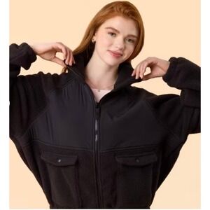 Blogilates Womens Bonfire Fleece Jacket Black Cropped Mixed Media Full Zip XS